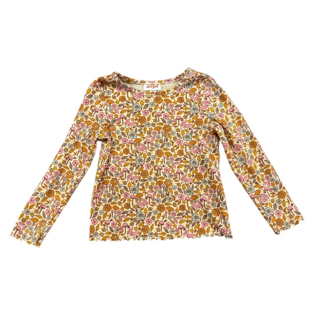 Cat & Jack Girls 4T Floral Mushroom Ribbed Long Sleeve Lettuce Edge Top Cream